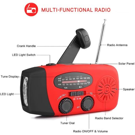 Radio solare di emergenza, radio a manovella autoalimentata con torcia a LED, stazione meteorologica AM/FM/WB con batteria ricaricabile da 2000 mAh per la ricarica di emergenza dello smartphone