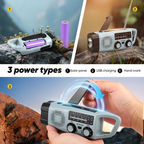 Radio solare di emergenza, radio AM/FM a dinamo con power bank da 2000 mAh, radio portatile a batteria con luce a dinamo, allarme SOS, pannello solare, altoparlanti per campeggio, escursionismo all'ap