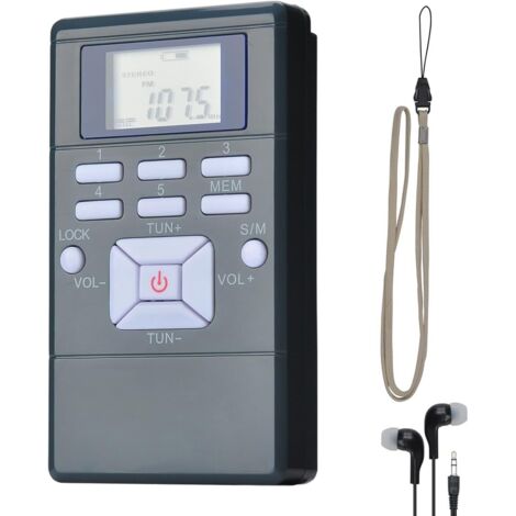 Radio stéréo FM portable avec écouteurs, mini radio à transistor FM à réglage numérique de poche, noir