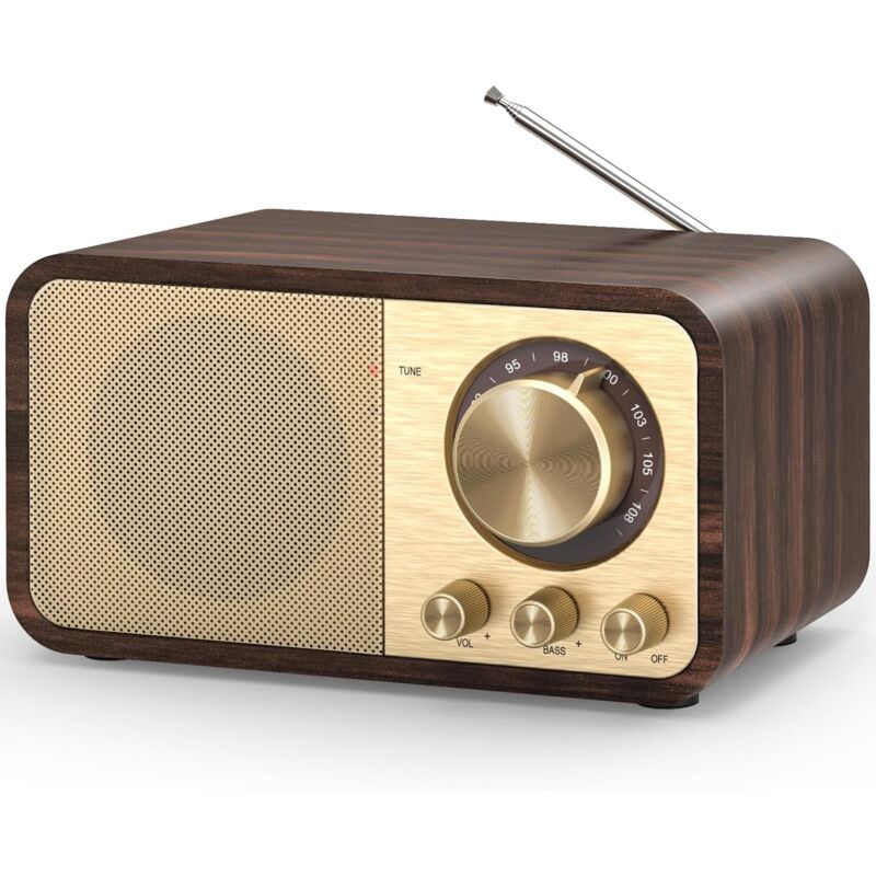 Radio Vintage FM Bluetooth, Poste Radio Portable Rechargeable avec Bouton de Réglage Extra Large, Haut-Parleurs Clairs de 5W