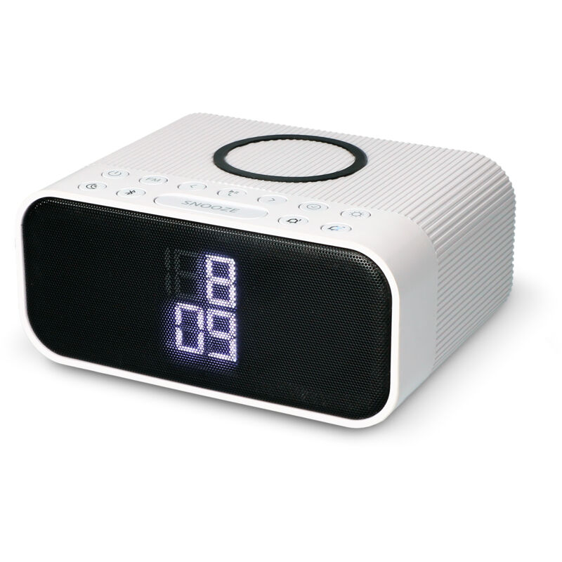 KSIX WUAD Wireless Alarm Clock and Charger, Wireless Speaker, FM Radio. 10W Wireless, Qi-Ladegerät. Digitaler Wecker Dualer Wecker, Farbe White