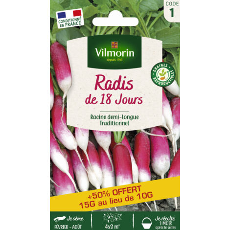 Radis demi-long rose 15g – Semis de mars à septembre – Récolte 3 à 7 semaines – Espacez les semis de 15 jours – Vilmorin