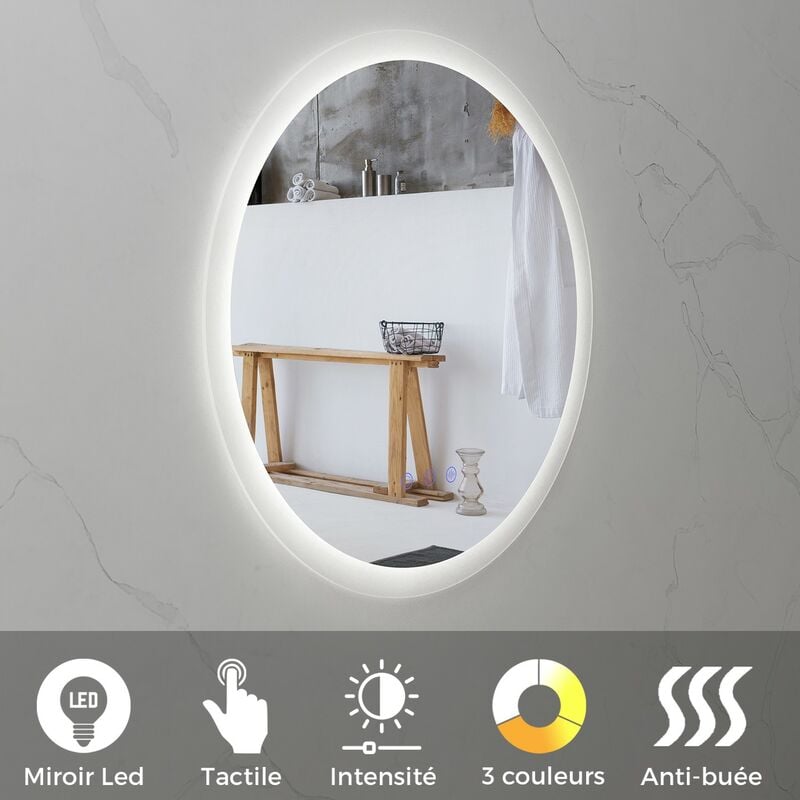 RADIUS Miroir LED rond salle de bain Ø 60 cm, anti-buée + éclairage et intensité réglables