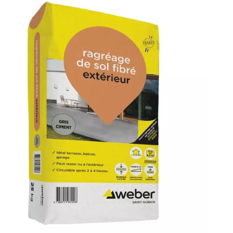 Ragréage de sol fibré extérieur 25 kg - Mortier Idéal terrasse, balcon, garage Weber