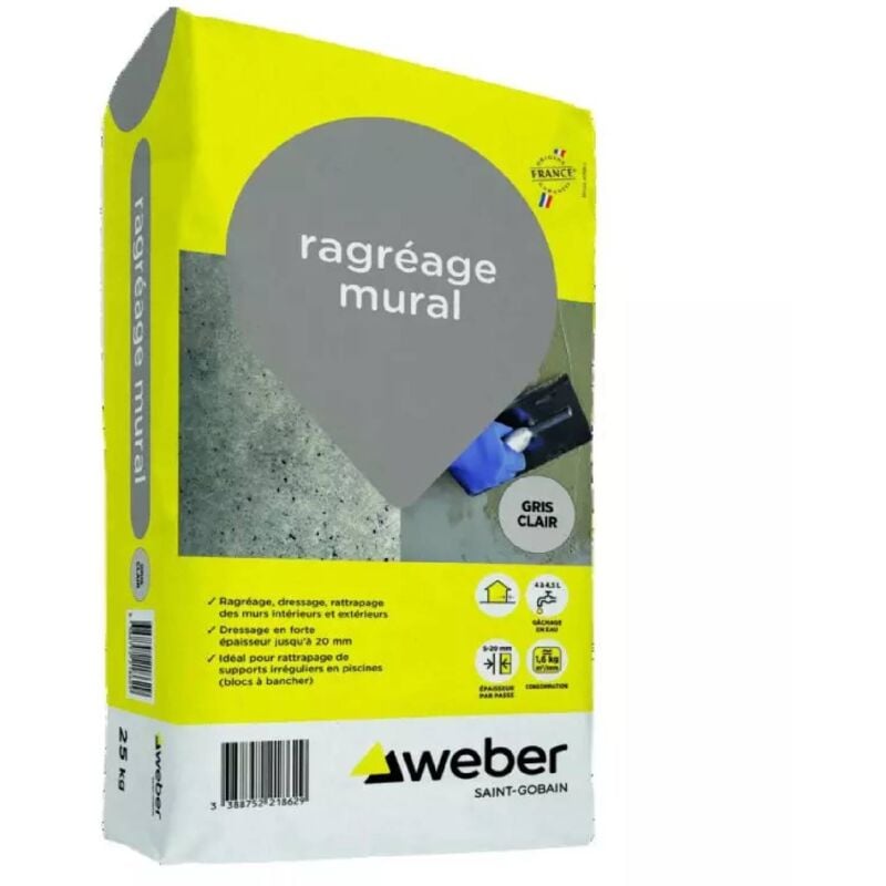 Ragréage mural intérieur/extérieur 25 kg - Mortier épais pour travaux rattrapage / dressage / surfaçage - Weber