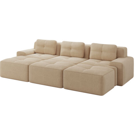 Rahmenlose Sofas, weicher Cordstoff, modulares Ecksofa mit Schlaffunktion und 3 Hockern, 3-Sitzer-Sofas, bequemes Sofa für das Wohnzimmer, Beige