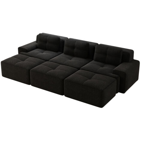 Rahmenlose Sofas, weicher Cordstoff, modulares Ecksofa mit Schlaffunktion und 3 Hockern, 3-Sitzer-Sofas, bequemes Sofa für das Wohnzimmer, Schwarz