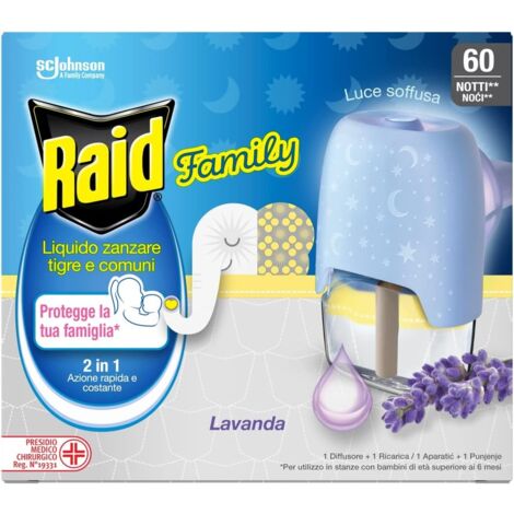 RAID DIFFUSORE PER ZANZARE TIGRE E COMUNE CON RICARICA ALLA LAVANDA 60 NOTTI