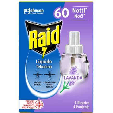 Raid Liquido Elettrico Antizanzare Comuni e Tigre, Ricarica, Fragranza alla Lavanda, Confezione Da 1 Ricarica da 36ml, 60 Notti