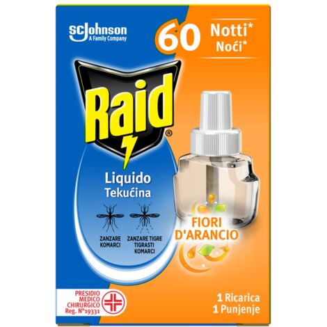 Raid Liquido Elettrico Antizanzare Comuni e Tigre, Ricarica, Fragranza Fiori d'Arancio, 1 Confezione da 1 Ricarica da 36ml, 60 Notti