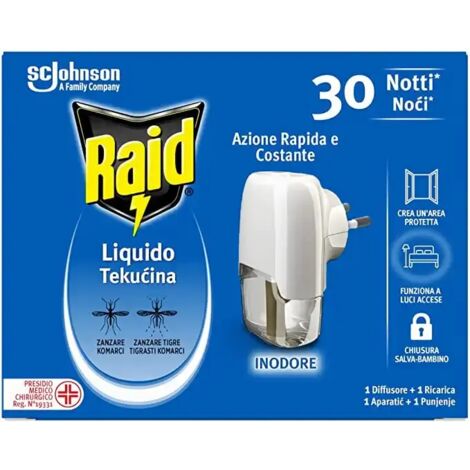 Raid per zanzare Liquido Elettrico 30 Notti – Protezione Efficace e Duratura 1 Diffusore 1 Ricarica