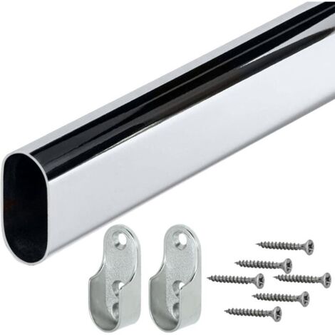 Rail de suspension pour meubles, ovale, longueur de fixation de la barre de suspension : 500 mm, 30 x 15 mm, 1 jeu de 2 supports de tube pour paroi latérale de meuble pour l'installation, acier chromé