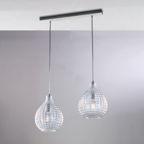 Rail Diamante blanc, cadre chromé, verre soufflé transparent effet cristal, câbles réglables, 2 lumières élégantes