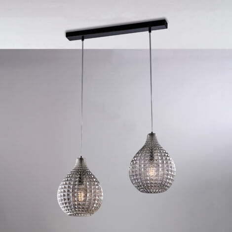 Rail Diamante noir, cadre chromé, verre soufflé miroir gris effet cristal, câbles réglables, 2 lumières raffinées