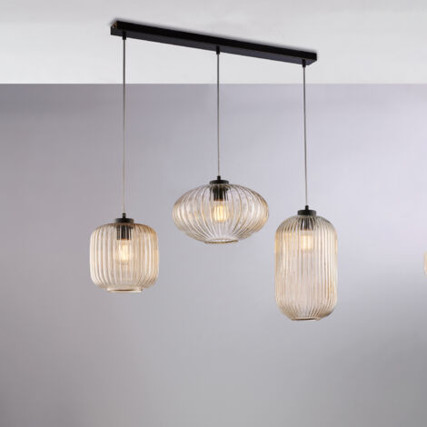 Rail Glamour noir, câbles réglables, verre soufflé ambré décor rayé, 3 lumières, style contemporain chaleureux