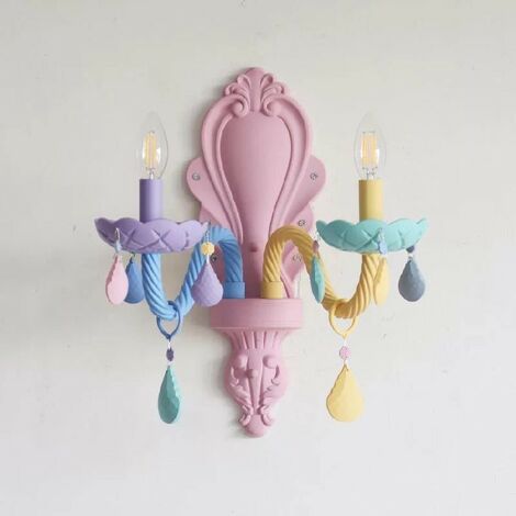 Rainbow Crystal Chandelier European Candle Children's Bedroom Macaron Princess Lamp Lighting 110V/220V (2 Lights Wall Lamp)