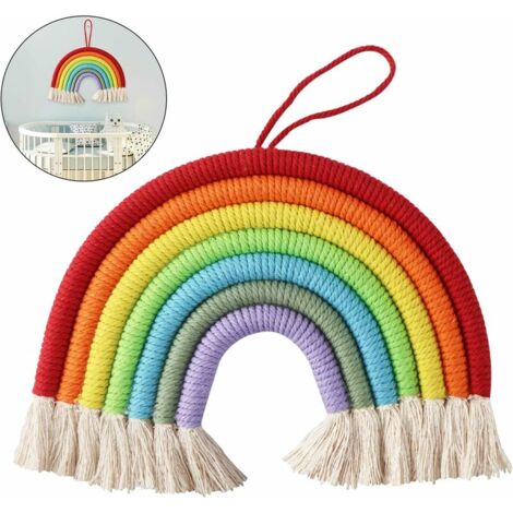 Rainbow macrame decoration, boho handmade cord tapestry, cotton thread, children's birthday decoration, macrame made of 7 braided cords (2)