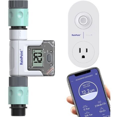 RAINPOINT Débitmètre d'eau WiFi, compteur intelligent avec 4 modes, mesure la consommation GPM, pour arrosage de tuyau d'arrosage extérieur, remplissage de réservoir de piscine de camping-car sans pas