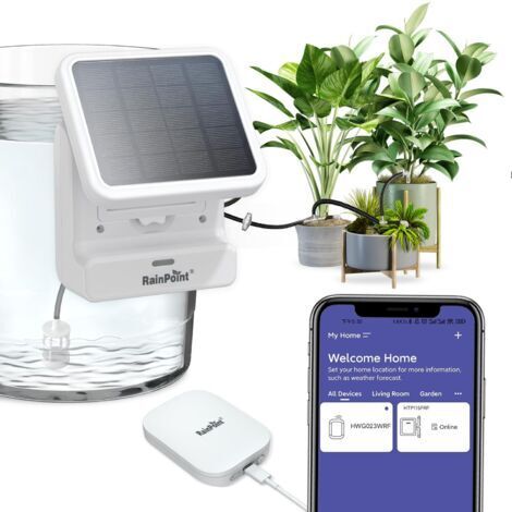 RAINPOINT Minuterie d'arrosage intérieure contrôlée par application Wi-Fi, pompe alimentée par panneau solaire, retards de pluie, planification intelligente pour les plantes d'intérieur pendant votre