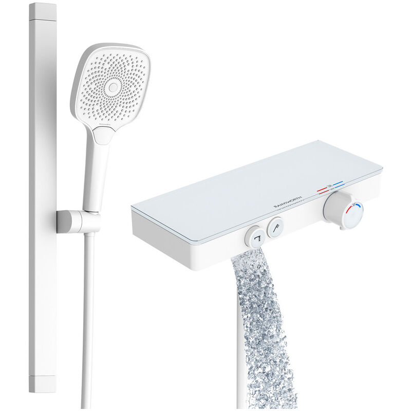 Rainsworth - Robinet de douche avec thermostat, mitigeur de douche thermostatique et étagère en verre, 3 types de jet, douchette à main, barre de