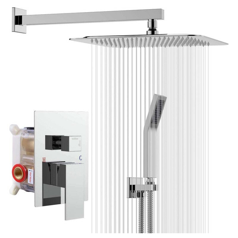 Rainsworth - Colonne de Douche Encastrée avec Tête de Douche Carrée Murale 25 x 25 cm et Pomme de Douche en Acier Inoxydable, Chromé