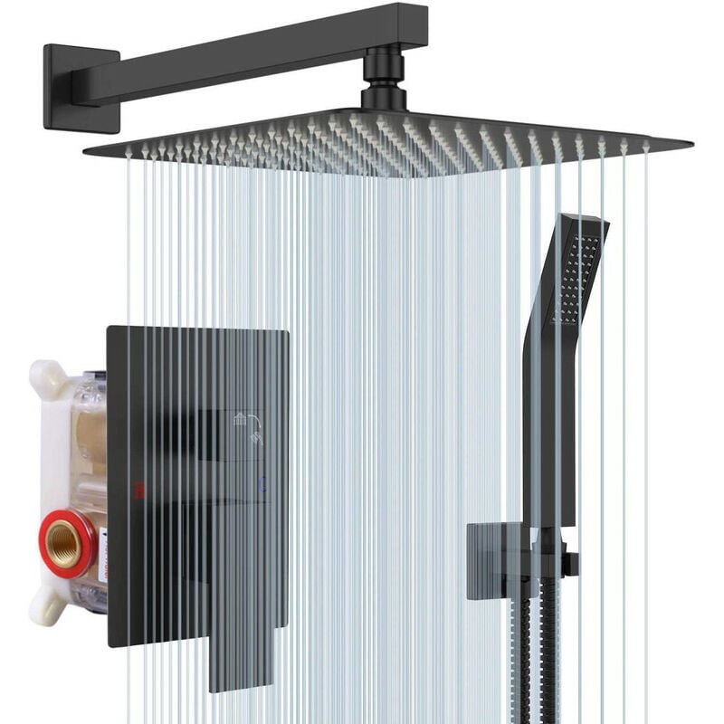 Rainsworth - Colonne de Douche Encastrée avec Tête de Douche Carrée Murale 30 x 30 cm et Pomme de Douche en Acier Inoxydable, Noir