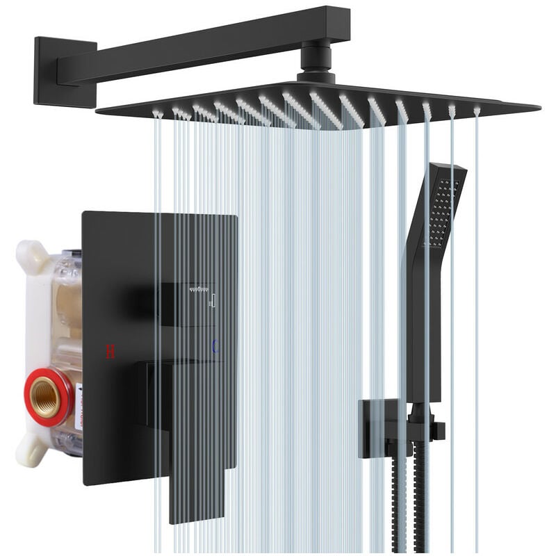 Rainsworth - Colonne de Douche Encastrée avec Tête de Douche Carrée Murale 25 x 25 cm et Pomme de Douche en Acier Inoxydable, Noir