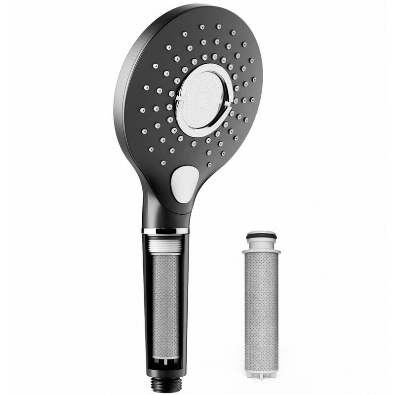 Pommeau de Douche avec Filtre, Haute Pression, 3 jets, Douchette Anti Calcaire avec 1 Cartouche filtrante, Noir, Rainsworth