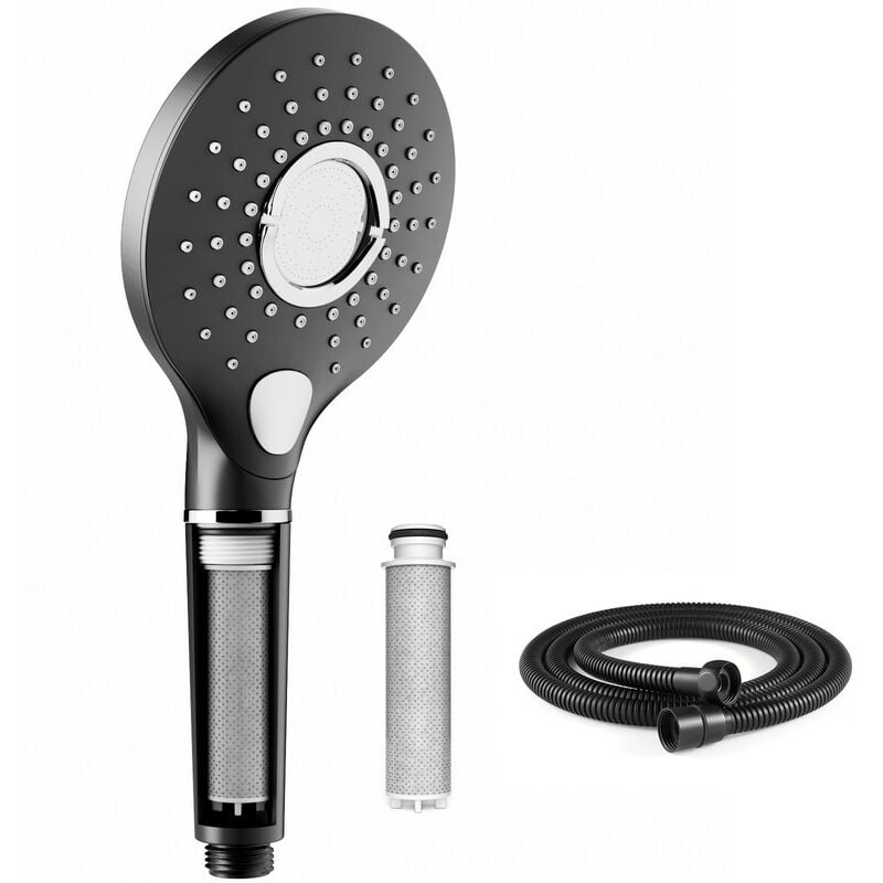 Rainsworth - Pommeau de Douche avec Filtre, Haute Pression, 3 jets, Douchette Anti Calcaire avec 1 Cartouche filtrante et 1 tuyau de 1,5 m, Noir