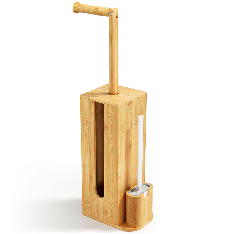Porte-papier toilette en Bambou 3-en-1 avec Brosse WC, pour 4 Rouleaux de Papier, Support Papier Toilette en Bois, HBT 71,6 x 15,5 x 15,5 cm,