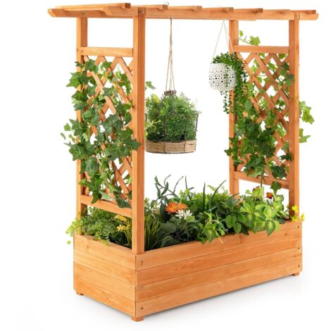 Raised Garden Bed Planter Box w/ Side & Top Trellis for Vine Climbing Plants