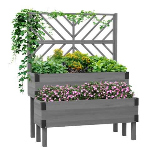 Raised Garden Bed with Trellis, 2-Tier Wooden Elevated Planter Box  for Vegetables, Flowers, Herbs, Grey