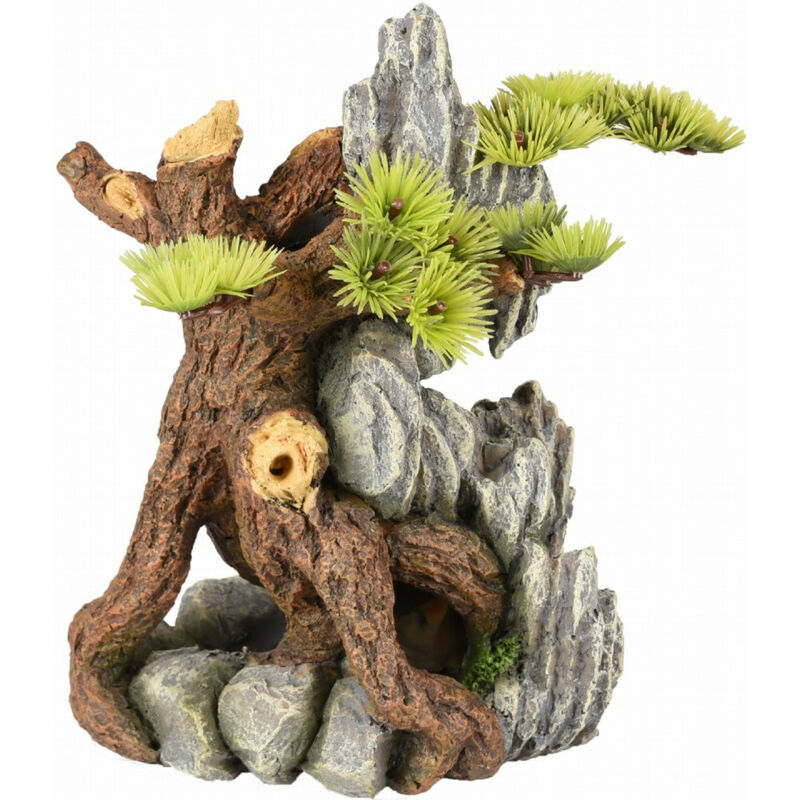 

Raíz y roca con planta de plástico, 14 x 12 x 20 cm. Decoración de acuario.