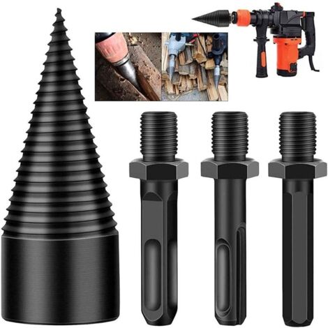Rajadora de leña, 3 brocas cónicas extraíbles para leña menuda, brocas resistentes para taladros eléctricos, destornillador hexagonal de 32 mm/1,26 pulgadas + cuadrado + cónico redondo