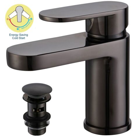 RAK Compact Eco Round Mono Basin Mixer Tap with Clicker Waste - Black
