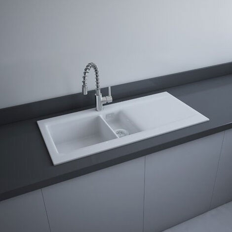 RAK Gourmet Dream 1 Ceramic Kitchen Sink 1.5 Bowl Reversible Drainer 1010mm L x 510mm W - Alpine White