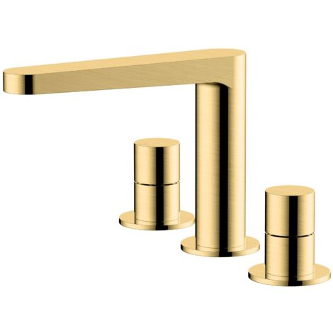 RAK Petit Round Brushed Gold Deck Mounted 3 Tap Hole Basin Mixer Tap - RAKPER3011G