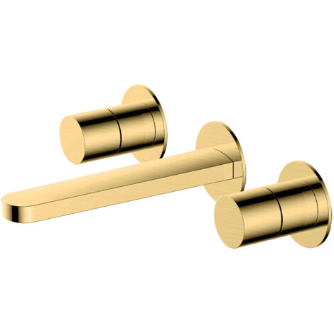 RAK Petit Round Brushed Gold Wall Mounted 3 Tap Hole Basin Mixer Tap - RAKPER3010G