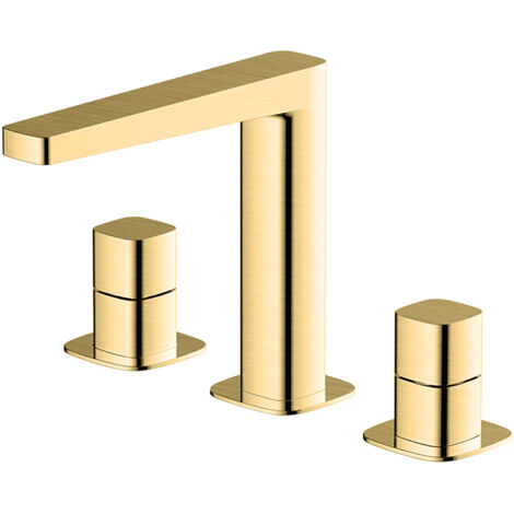 RAK Petit Square Brushed Gold Deck Mounted 3 Tap Hole Basin Mixer Tap - RAKPES3011G