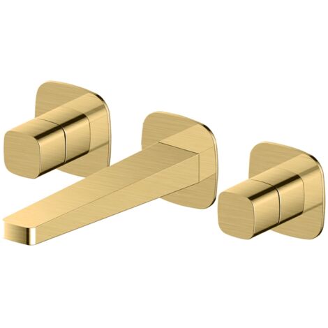 RAK Petit Square Brushed Gold Wall Mounted 3 Tap Hole Basin Mixer Tap - RAKPES3010G