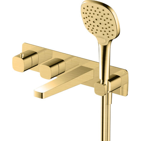 RAK Petit Square Brushed Gold Wall Mounted Concealed Thermostatic Bath Shower Mixer Tap - RAKPES3306G