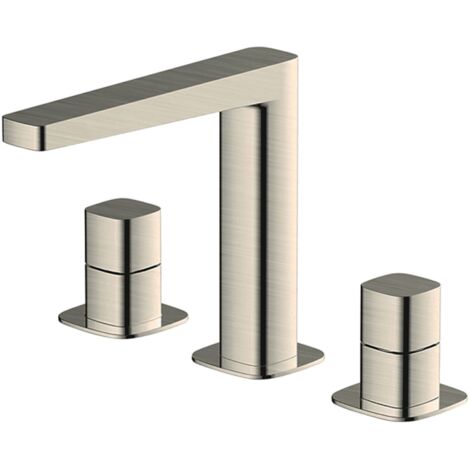 RAK Petit Square Brushed Nickel Deck Mounted 3 Tap Hole Basin Mixer Tap - RAKPES3011N