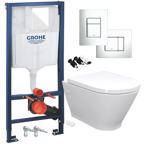 RAK Resort Wall Hung Toilet Rimless Pan & Seat, GROHE RAPID 1.13m SL 3 in 1 WC FRAME - Includes Shiny Chrome Flush Plate