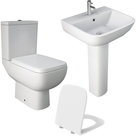RAK S600 Close Coupled Toilet WC w/ Slim Line Seat and Pedestal & Basin Set