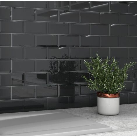 RAK Subway Metro Black Glossy Ceramic Tiles Bevel Bathroom Kitchen 100 x 300mm - Black