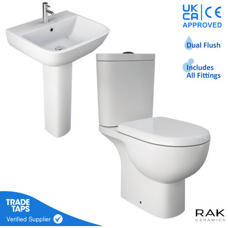 RAK Tonique Close Coupled Toilet WC with S600 Basin & Pedestal Set