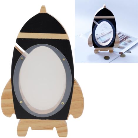 Raketenförmiges Sparschwein aus Holz – Lernsparschwein für Kinder, Kiefernholz, Dekorationsartikel, schwarze Wohnaccessoires für Kinder