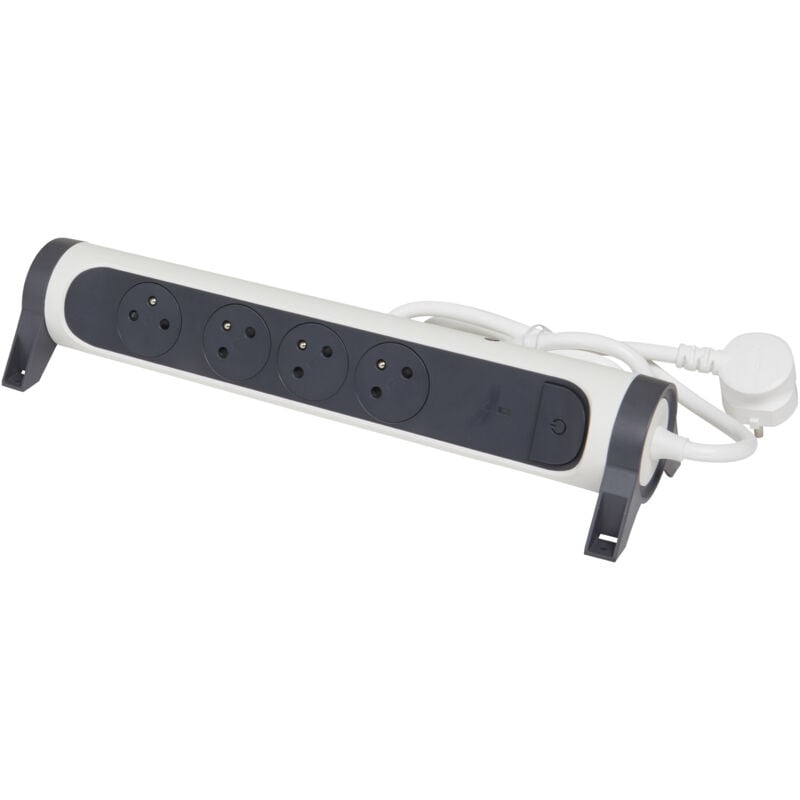 Rallonge multiprise avec bloc rotatif de 4 prises 2P+T Surface , interrupteur , disjoncteur , indicateur de charge - Blanc/Gris foncé - Legrand