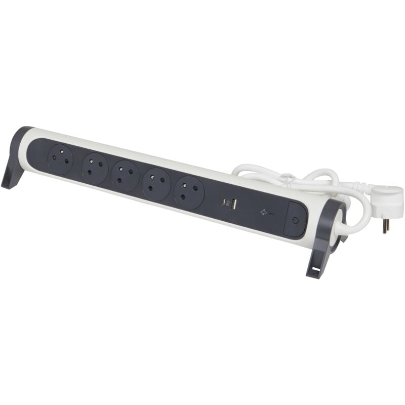 Rallonge multiprise avec bloc rotatif de 5 prises 2P+T Surface , interrupteur , parafoudre , usb Type-A + Type-C - Blanc/Gris foncé - Legrand