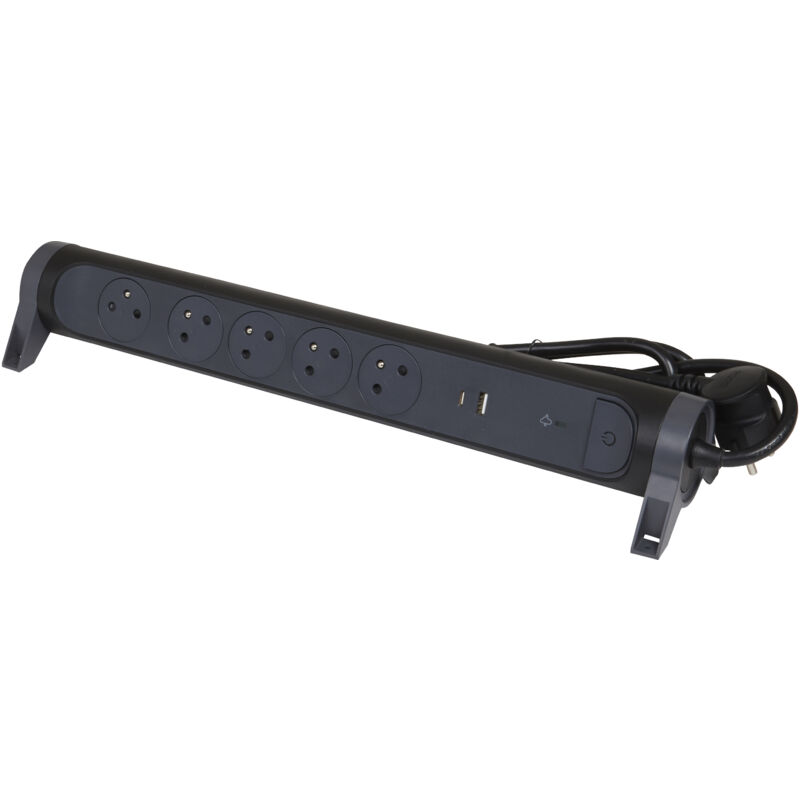 Legrand - Rallonge multiprise avec bloc rotatif de 5 prises 2P+T Surface , interrupteur , parafoudre , USB Type-A + Type-C - Noir/Gris foncé